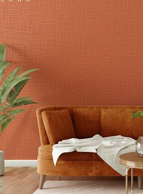 卧室背景墙红色古风亚麻墙纸中式家用橘色客厅故宫红素色壁纸橙色