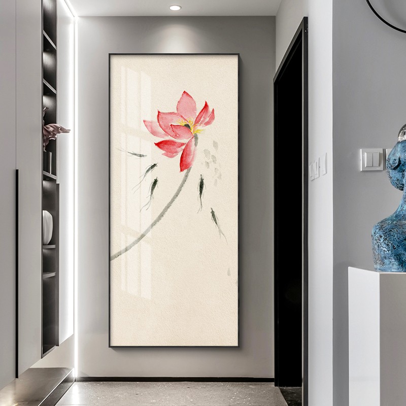 荷花装饰画入户玄关竖版新中式客C厅过道走廊尽头壁画进门禅意挂图片