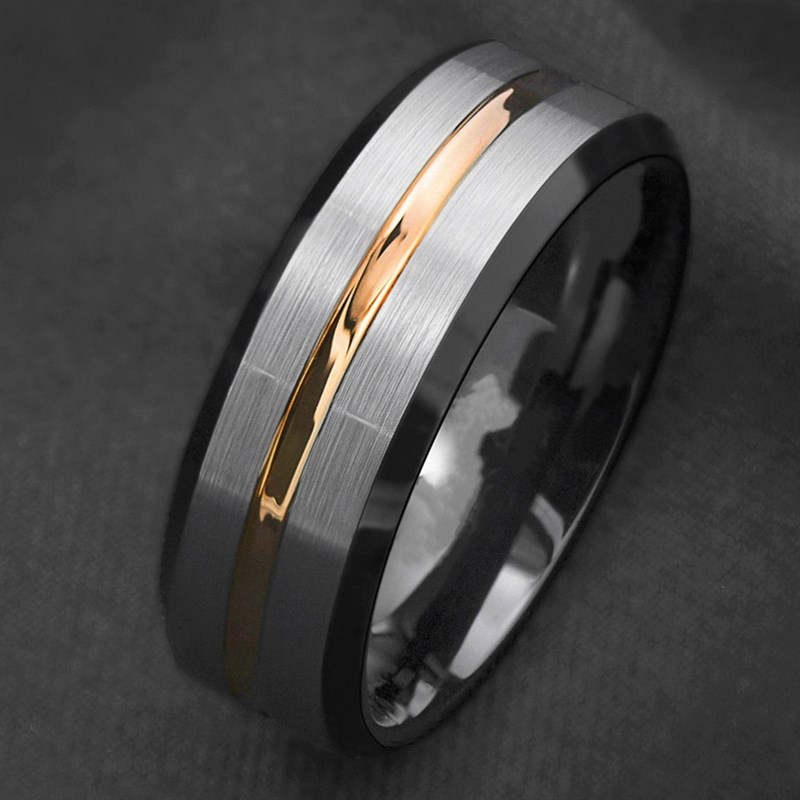 简约时尚双色凹槽拉丝磨砂戒指潮男情侣款个性轻奢U单身食尾戒指