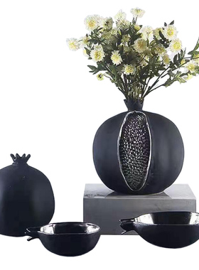 新中式陶瓷黑白石榴插o花器花瓶摆件现代家居样板间酒店果盘装饰