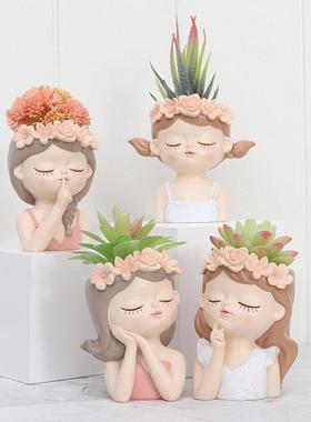 如果 家居桌面园艺景观多肉树脂创意花盆可爱女孩盆栽花器小花盆
