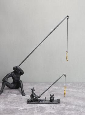 新中式黑色铸铁钓鱼人摆件样板间客厅餐厅电视柜桌面家居软装饰品