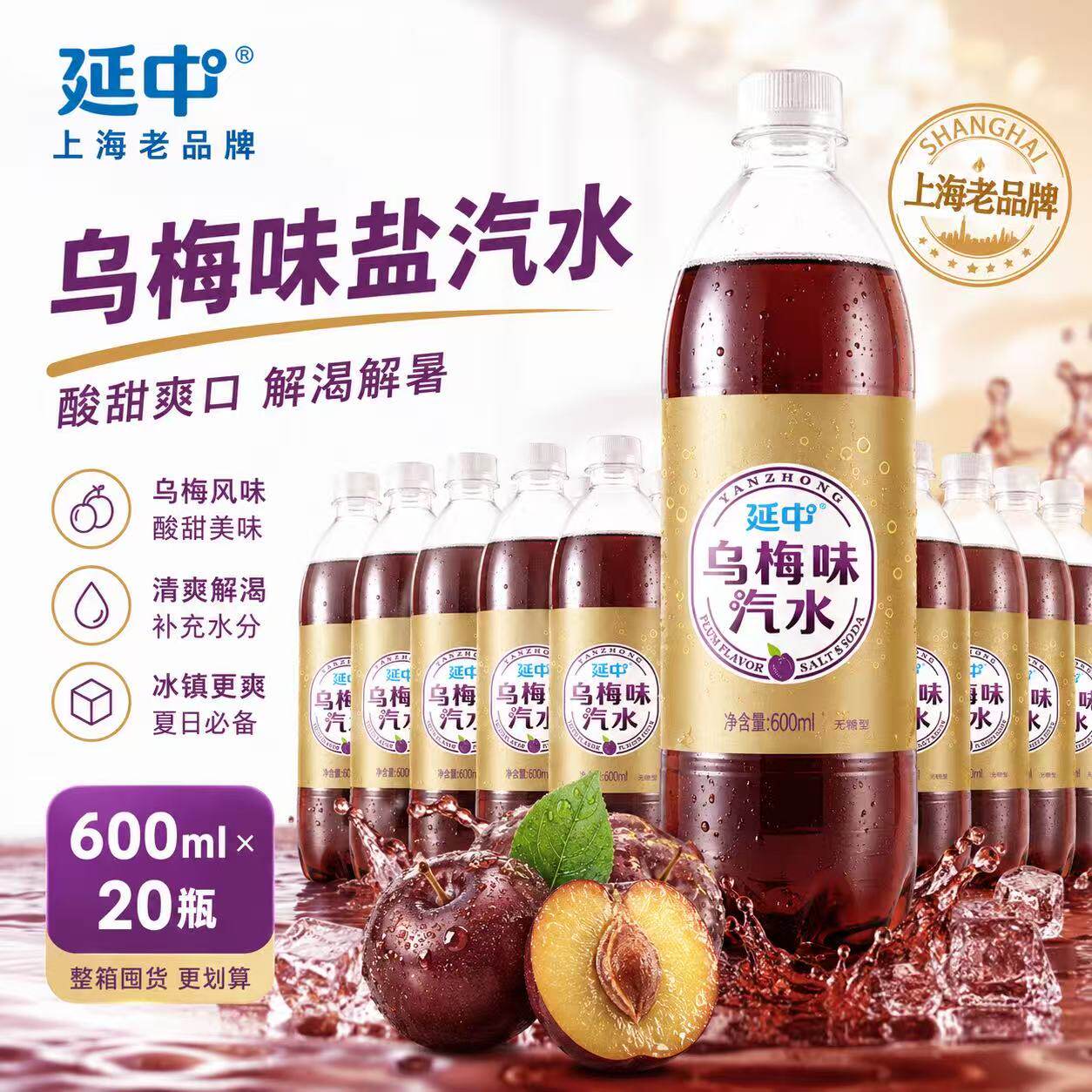 延中乌梅味盐汽水600ml*20瓶整箱老上海风味汽水饮料防暑劳防批发