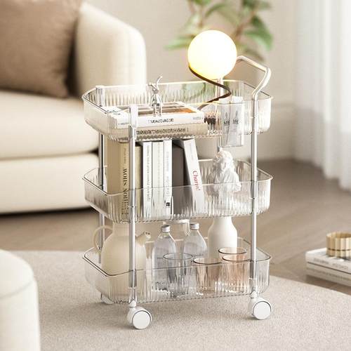 家用PET塑料透明置物架厨房浴室办公多层带轮子带挂篮收纳小推车