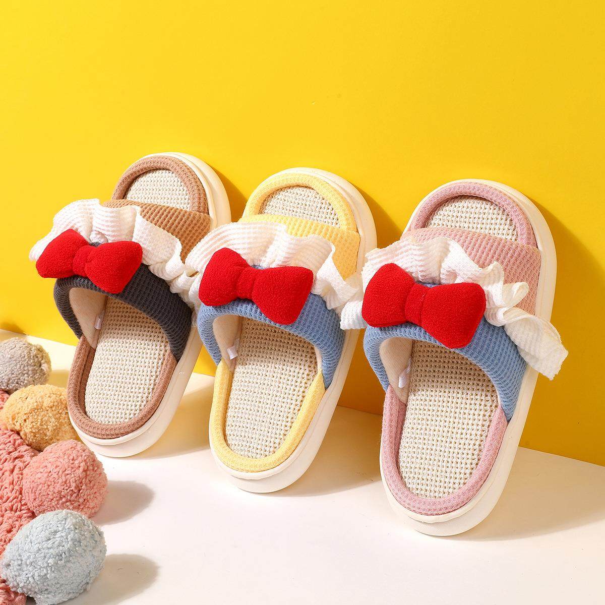 亲子亚麻拖鞋女室内居家夏季防滑公主花朵蝴蝶结儿童棉麻凉拖鞋