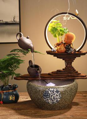创意悬空中式流水天壶倒流香招财客厅玄关鱼缸开业送礼品灯圈摆件