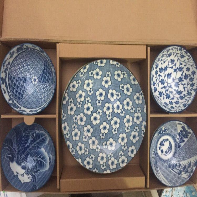 日式陶瓷餐具 复古青花卡通雪花瓷 商务婚庆礼品4碗2盘礼品套装