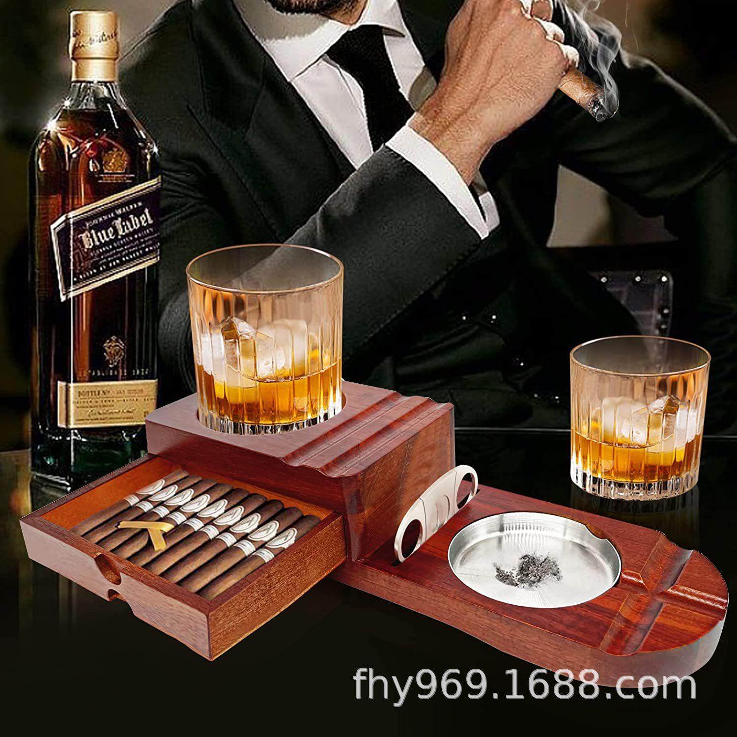 现货木质雪茄烟灰缸威士忌玻璃托盘木制烟灰缸带雪茄切割器相思木