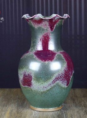 禹州钧瓷花瓶绿色炉钧传统手拉坯手工简约花口陶瓷插花器装饰摆件