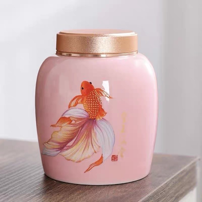 金玉满堂陶瓷茶叶罐合金旋转R盖子小号茶叶罐