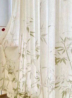 窗帘绿色竹叶新中式窗纱t书房茶楼客厅飘窗麻纱道具背景装饰古风