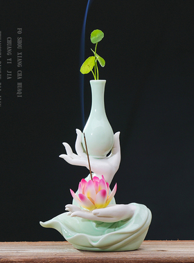 创意陶瓷水培花器禅意佛手u莲心家用线香熏炉莲花香插家居装饰摆