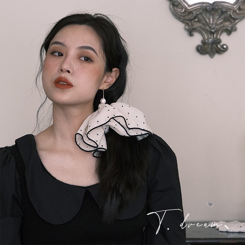 《茶花女》双层白色大朵波点大肠发圈复古法式简约优Z雅头花发绳