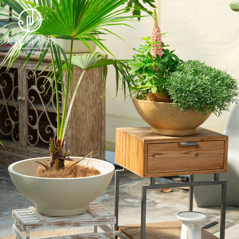 北欧风碗形镁泥花盆圆形水泥花盆简约绿植盆景阳台V户外大号宝莲