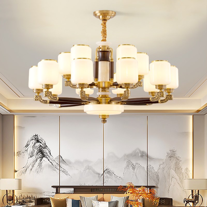 全铜新中式玉石客厅吊灯中国风乌金木实木别P墅主灯餐厅灯具大全