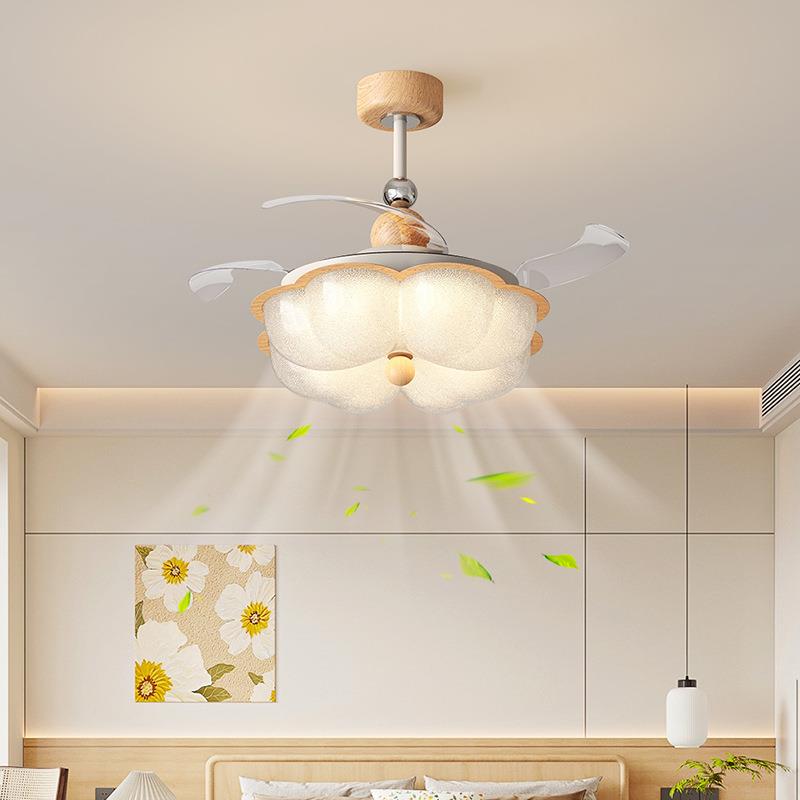 隐形风扇灯吸顶灯中古花朵卧室法式奶油风餐厅智能静音电扇一体灯