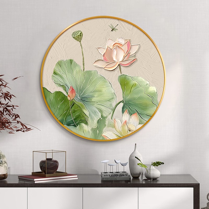 荷花九鱼图玄关装饰画轻奢高级感圆形入户门客厅油画挂画走廊壁画图片