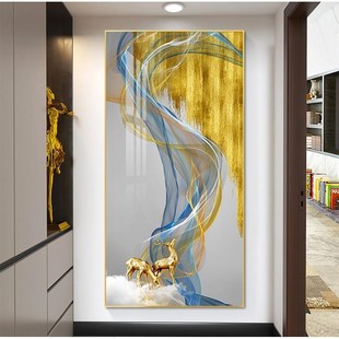 饰 晶瓷装 新品 鹿鹿高升轻奢动物金色财禄入户玄关挂画过道走廊竖版