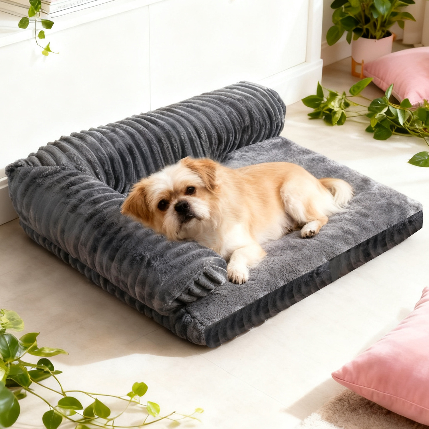 冬季保暖狗窝宠物沙发猫窝四季通用可拆洗波浪纹带靠背海绵宠物床