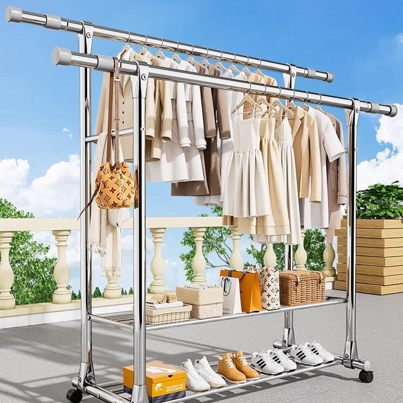 不锈钢晾衣架落地超厚移动式卧室室内晾衣架阳台伸U缩晒衣物衣帽