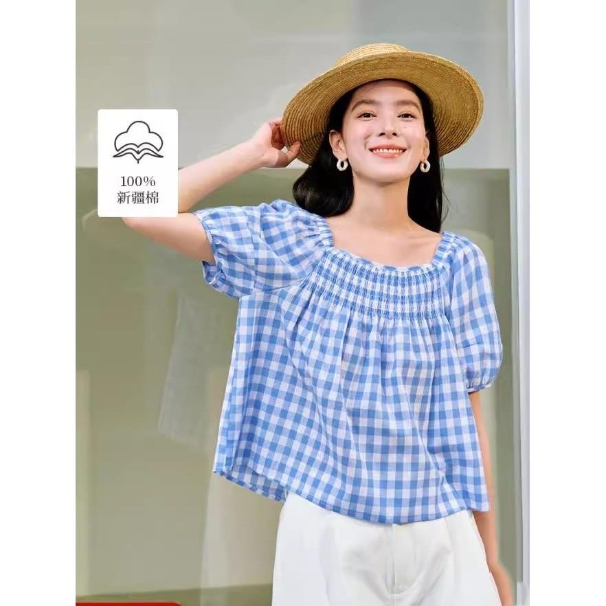清仓盐系甜美方领格子衬衫女2026年夏季新款收腰显瘦泡泡袖衬衣