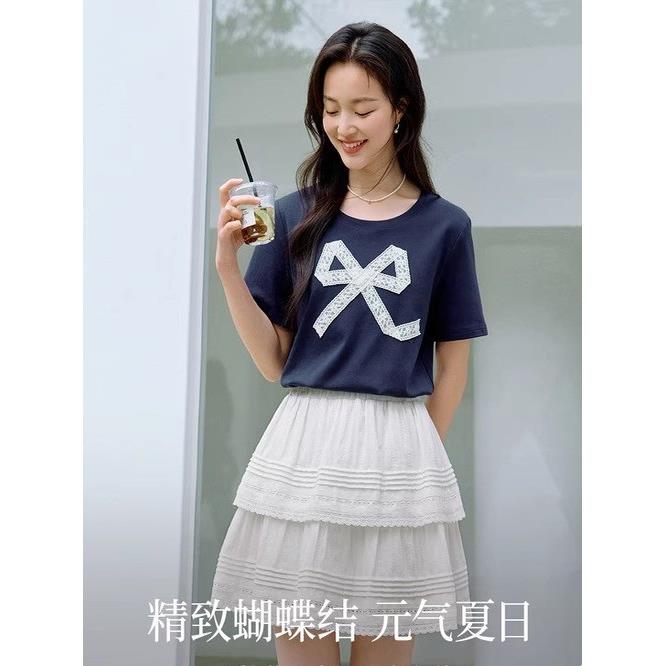 清仓蝴蝶结蕾丝短袖t恤女2026年夏季新款韩系超火减龄纯棉半身裙