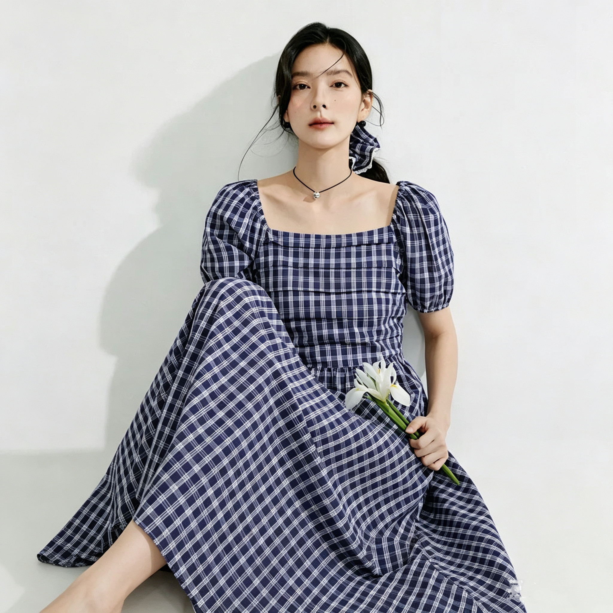 清仓法式方领格子连衣裙女装2026年夏季新款格纹泡泡袖显瘦长裙子
