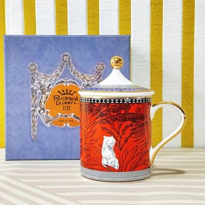 老虎图复古骨瓷开会用马克杯高档描金盖杯300ml办公室茶杯咖啡杯