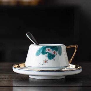 轻奢高档手绘咖啡杯下午茶杯套装中式简约精致女士马克杯带勺