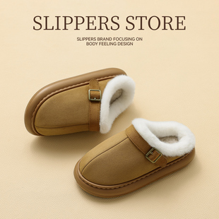 鹿皮绒棉拖鞋女2025秋冬季新款室内居羊羔绒保暖厚底勃肯棉鞋女士
