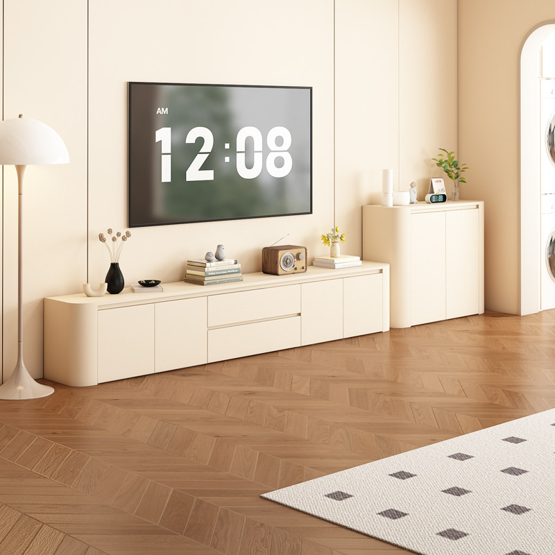小户型奶油中古风电视柜落地收纳储物柜一体客厅家用边柜组合定制