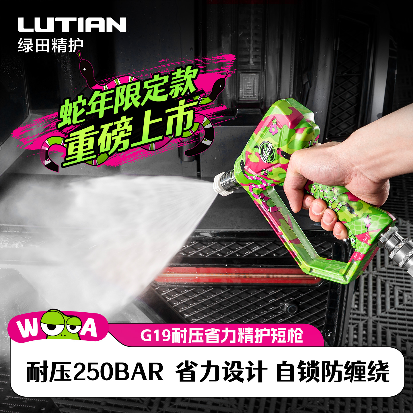 绿田G19精护短枪柄涂鸦蛇年彩绘高压洗车机快插水抢清洗配件工具