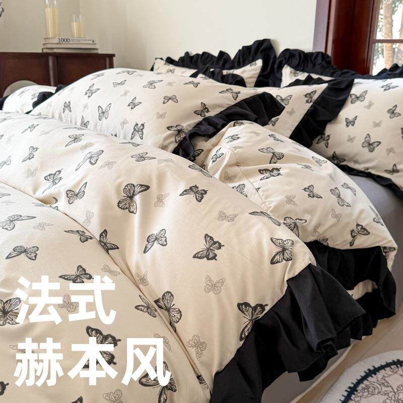2025新款赫本风纯水洗棉花边四件套公主风三4件套单被套床笠款