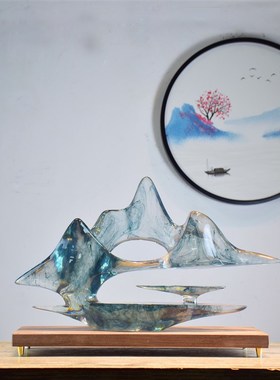 新中式创意透明树脂假山摆件客厅酒店会所大堂玄关家居软装饰礼品