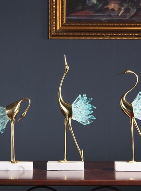 创意仙鹤轻奢摆件时尚软装饰品家居玄关客厅酒柜W纯铜装饰摆设