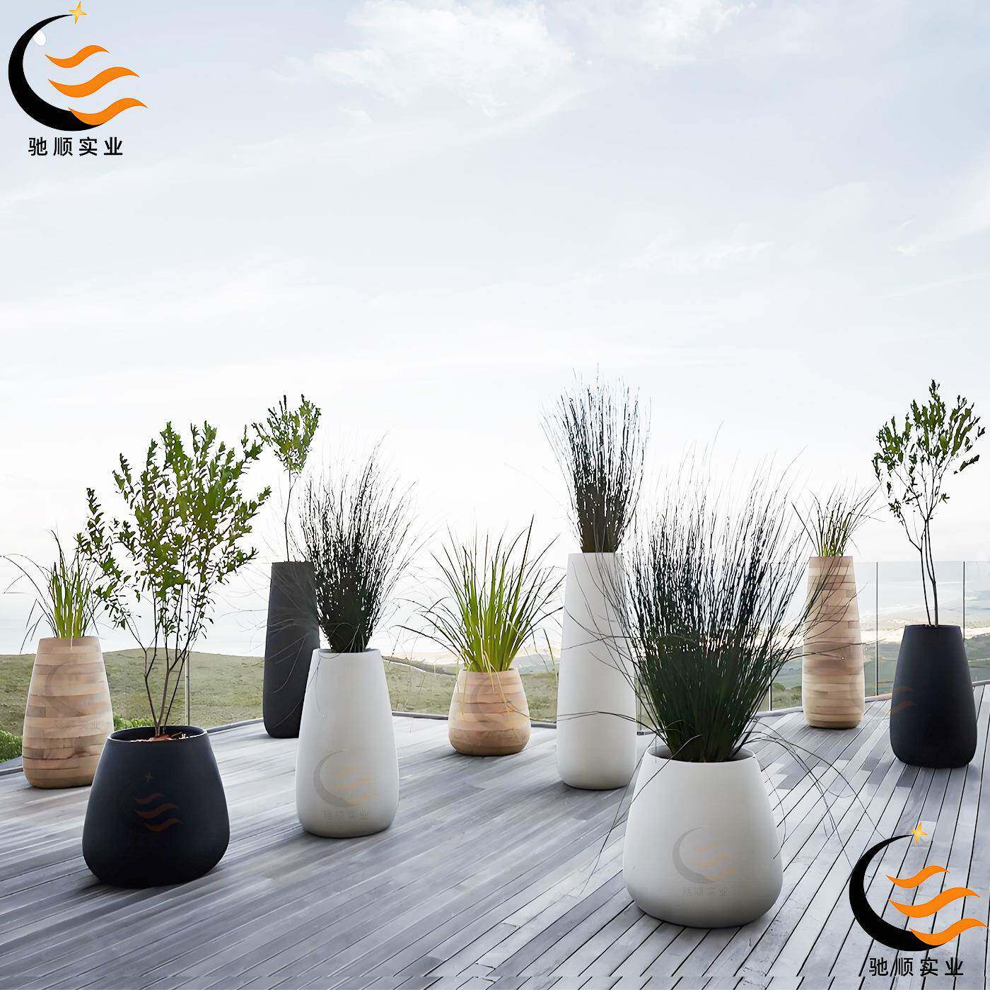 玻璃钢花盆小区现代创意原木色花箱户外公园商场美陈花器装饰花钵