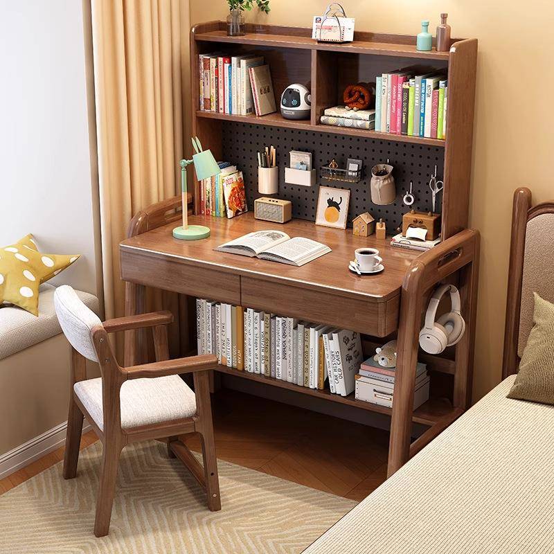 实木书桌带洞洞板收纳卧室电脑桌家用儿童学习桌小户型学生写字桌