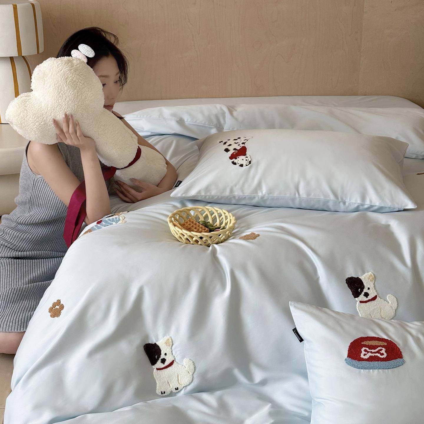 早秋新款100S贡缎长绒棉全棉四件套可爱少女心纯棉被套床单床品4