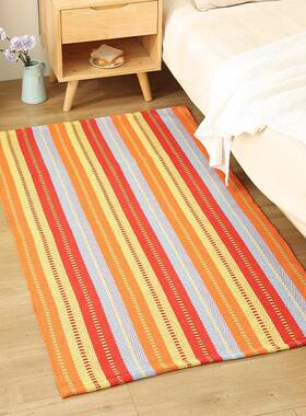 90X150cm棉线编织客厅茶几垫儿童爬爬毯机织彩色条纹透气卧室地垫