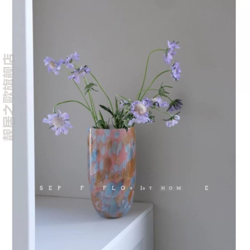 【中古复古粉色鹅卵石手工玻璃直筒花瓶中小轻奢居家客厅桌面花瓶