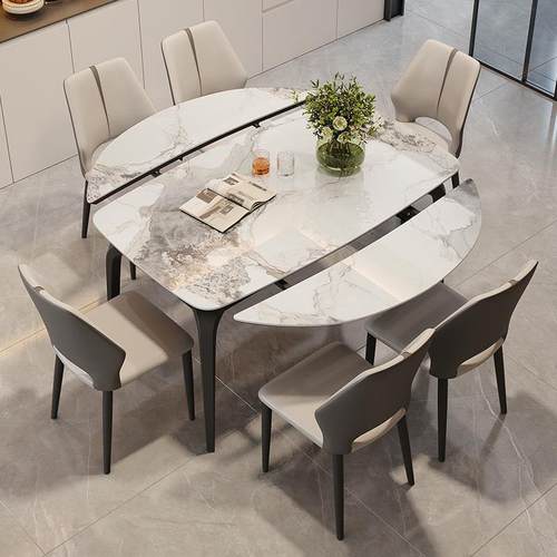 岩板餐桌2024新款可伸缩变椭圆形小户型现代简约方圆两用可变圆桌