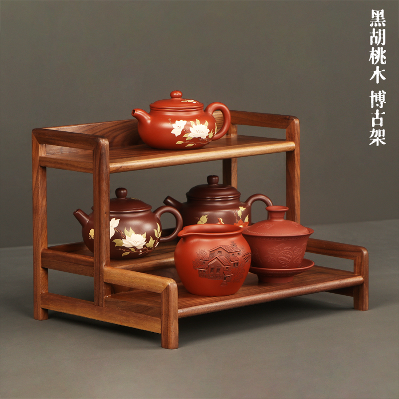 茶具架子置物架黑胡桃木博古架茶杯收纳层L架桌面小型茶壶架摆件