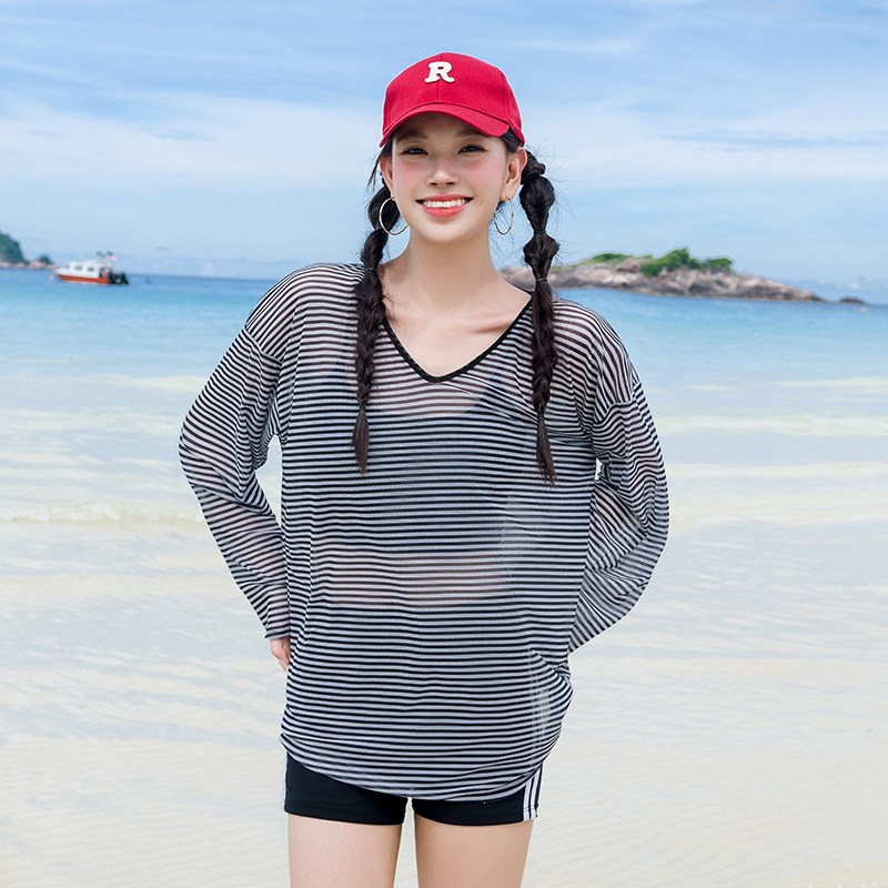 条纹少女泳衣分体三件套长袖罩衫防晒宽松学生保守微胖mm显瘦绝美