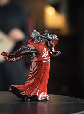 中国红创意诗仙李白摆件r创意陶瓷工艺品中式家居客厅博古架装饰