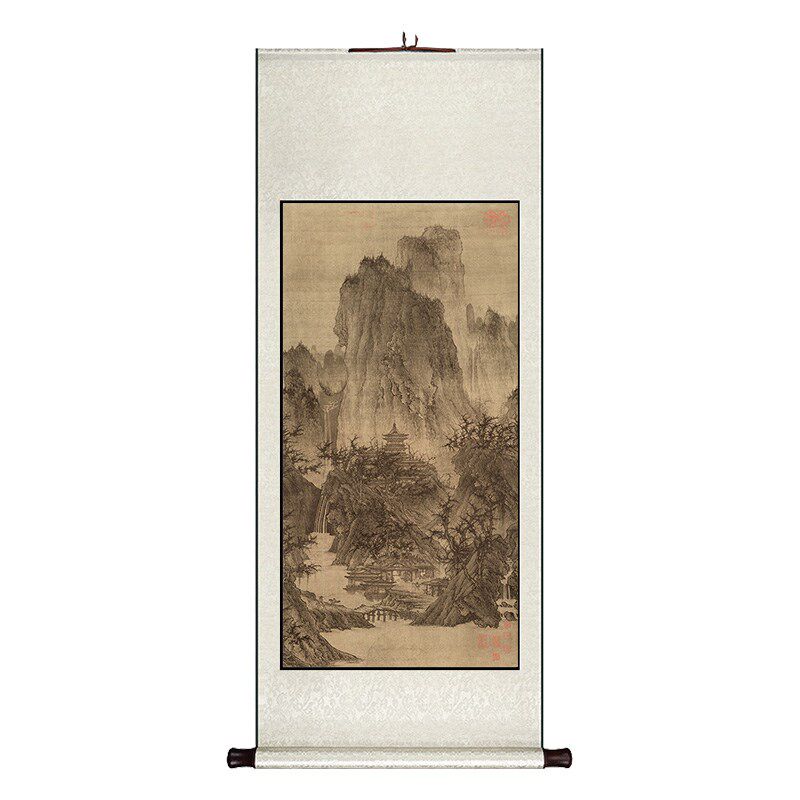 李成晴峦萧寺图中式卷轴挂画玄关过道装饰画餐厅书房复古山水国画