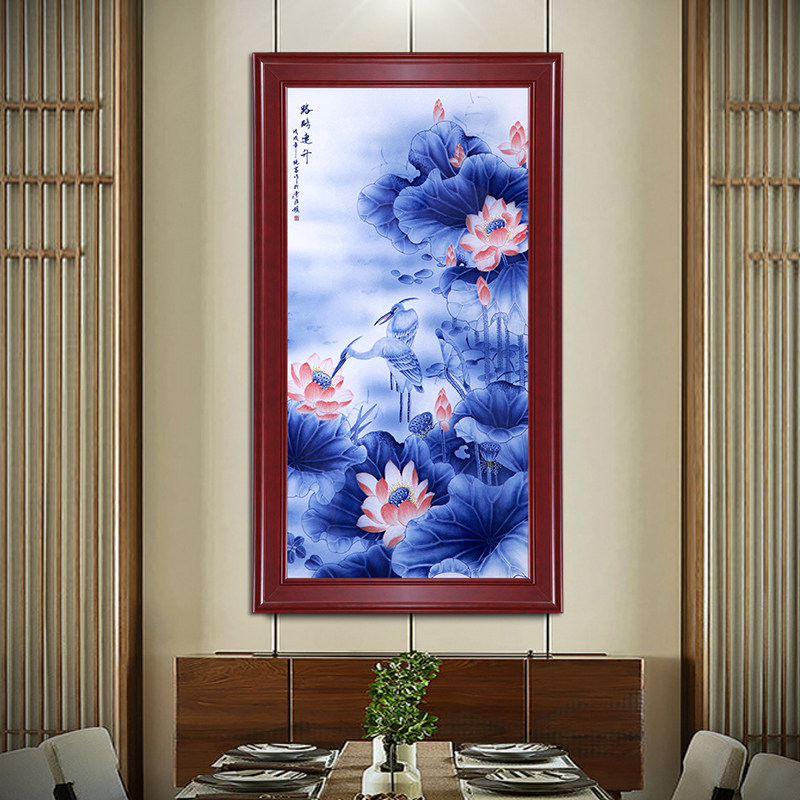 景德镇新中式走廊过道国画荷花牡丹壁画竖版挂画玄关装饰画瓷板画