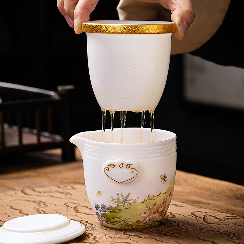 匠仙羊脂玉白瓷快客杯一壶五杯德化陶瓷户外手提旅行茶具便携包