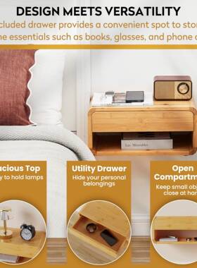 竹制侧抽屉开放式架子竹桌制浮动床头柜完全挂组装87064壁床头式