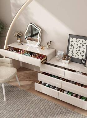 奶红油风梳妆台简卧ICE室现代约全实木网床头柜斗柜化收纳柜一体