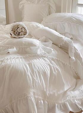 主风棉水洗棉四套韩全式纯色荷叶边公纯棉被套床单双件人OLR床上